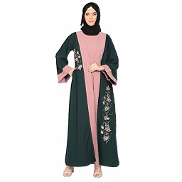 Embroidery work on layered abaya- Bottle Green-baby pink Embroidery work on layered abaya- Bottle Green-baby pink